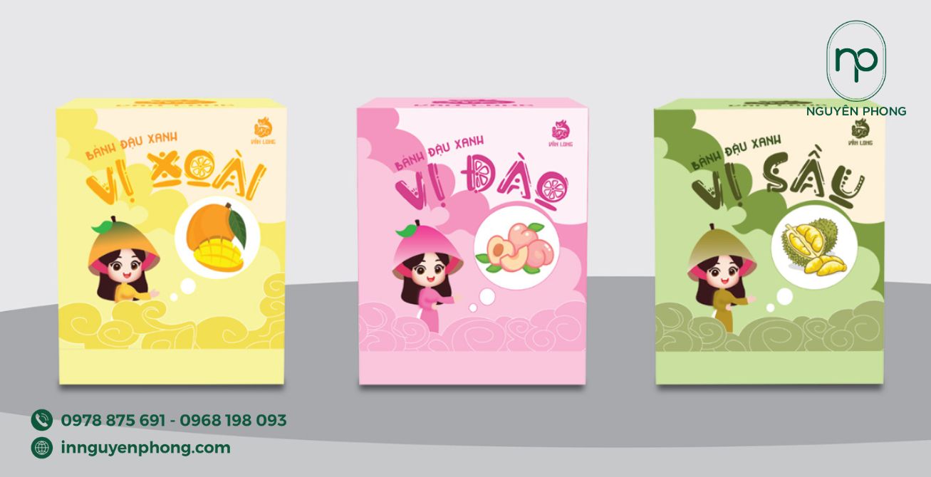 in hộp bánh đậu xanh đa dạng màu sắc phân theo các vị
